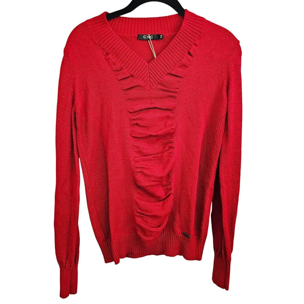 NWT CNC Costume National Red Ruffle Front V Neck Sweater Size XS